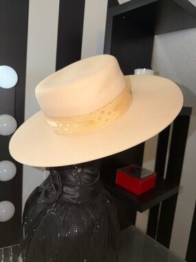 Lack Of Color Pale Cream Wide-Brim Fedora with Embroidered Band